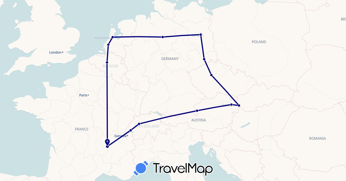 TravelMap itinerary: driving in Austria, Belgium, Switzerland, Czech Republic, Germany, France, Netherlands, Slovakia (Europe)